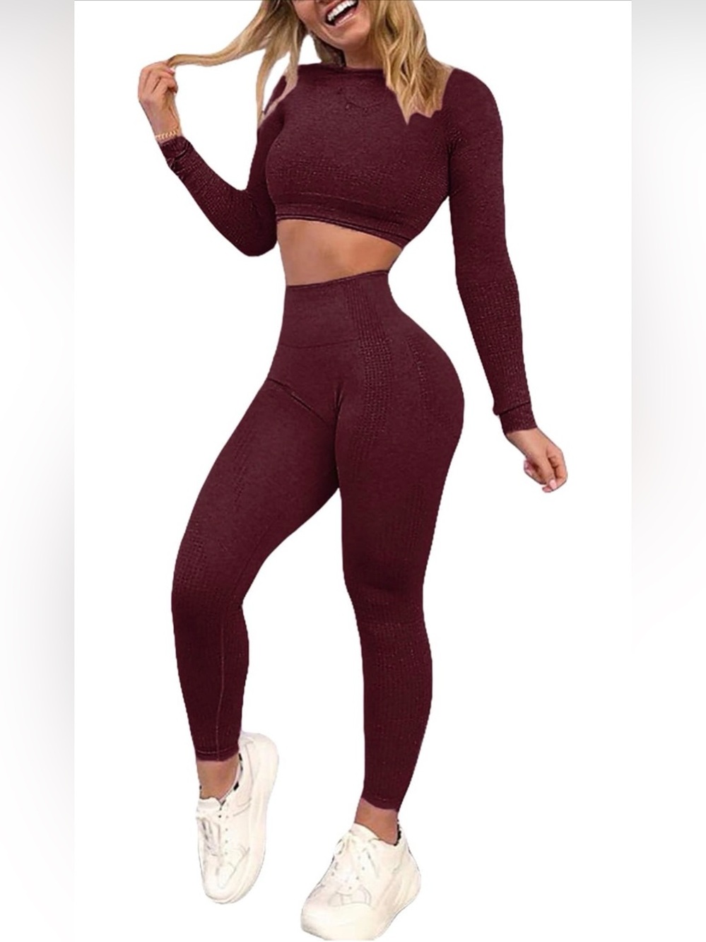 Amazon Women's Seamless Crop Top and Legging Set in Wine Red - L